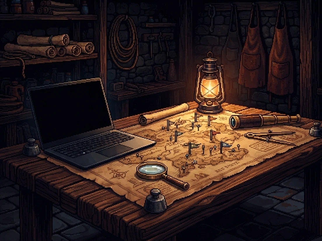La mesa de mapas del taller, con un farol encendido, alfileres marcando lugares y una laptop abierta