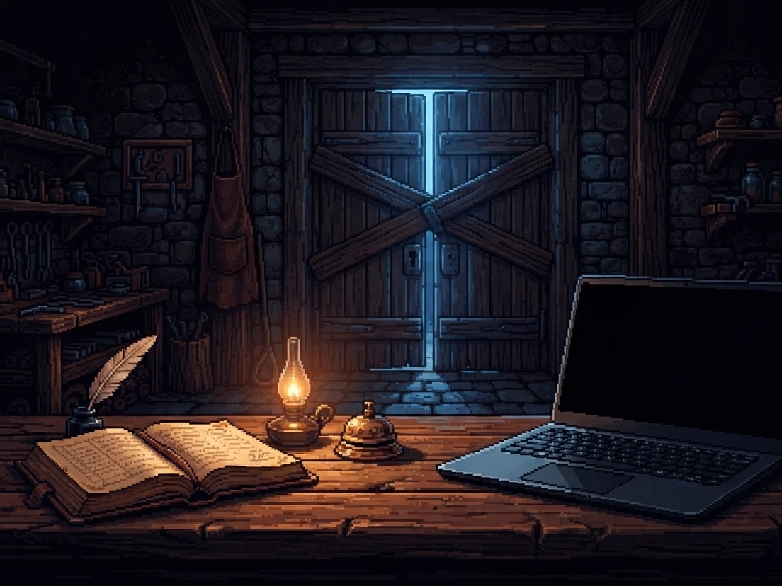 El mostrador del taller de noche, con un candil, la campanita y una laptop abierta